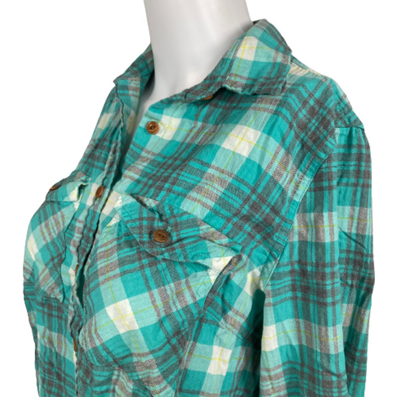 J. Crew Shirt Womens Sz 2 Aqua Green White Plaid Cotton Flannel Pocket Button Up - Picture 2 of 11